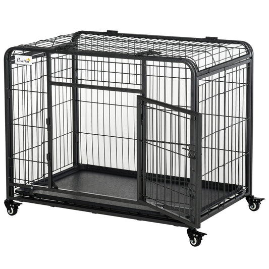 Tarc pentru caini pliabil, ușă dublă cu blocare 4 roți cu frână și fund detașabil, 109.5x71x78cm, Negru