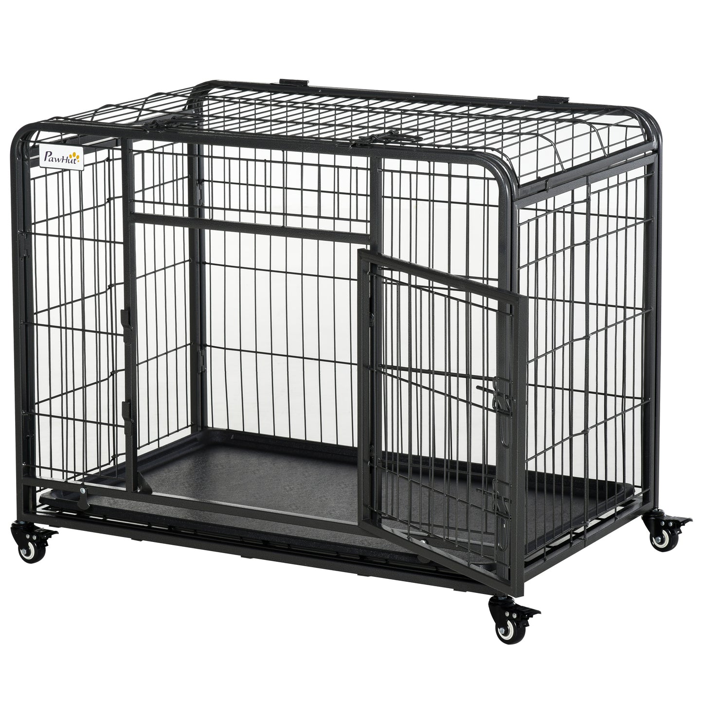 Tarc pentru caini pliabil, ușă dublă cu blocare 4 roți cu frână și fund detașabil, 109.5x71x78cm, Negru
