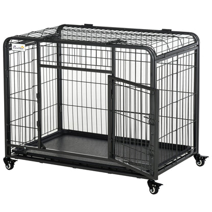 Tarc pentru caini pliabil, ușă dublă cu blocare 4 roți cu frână și fund detașabil, 109.5x71x78cm, Negru