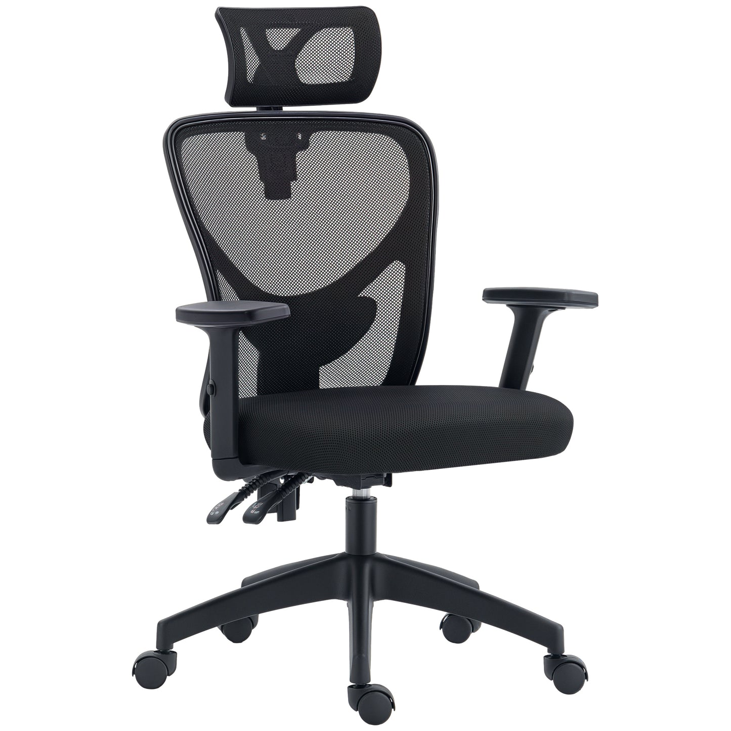 Scaun de birou ergonomic cu înălțime reglabilă, suport lombar și tetieră, 66x61x106-116cm, negru