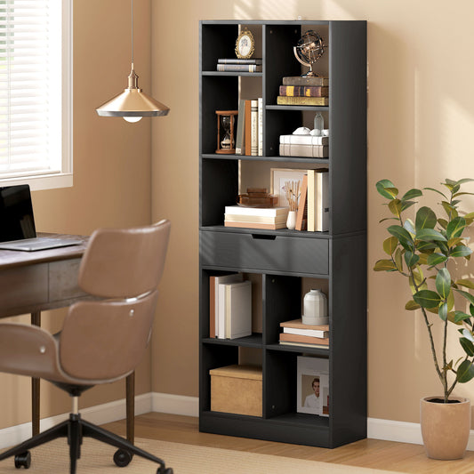 Bibliotecă Modernă din Lemn cu Sertar Central și Kit Anti-răsturnare, 60x26x158 cm, Negru