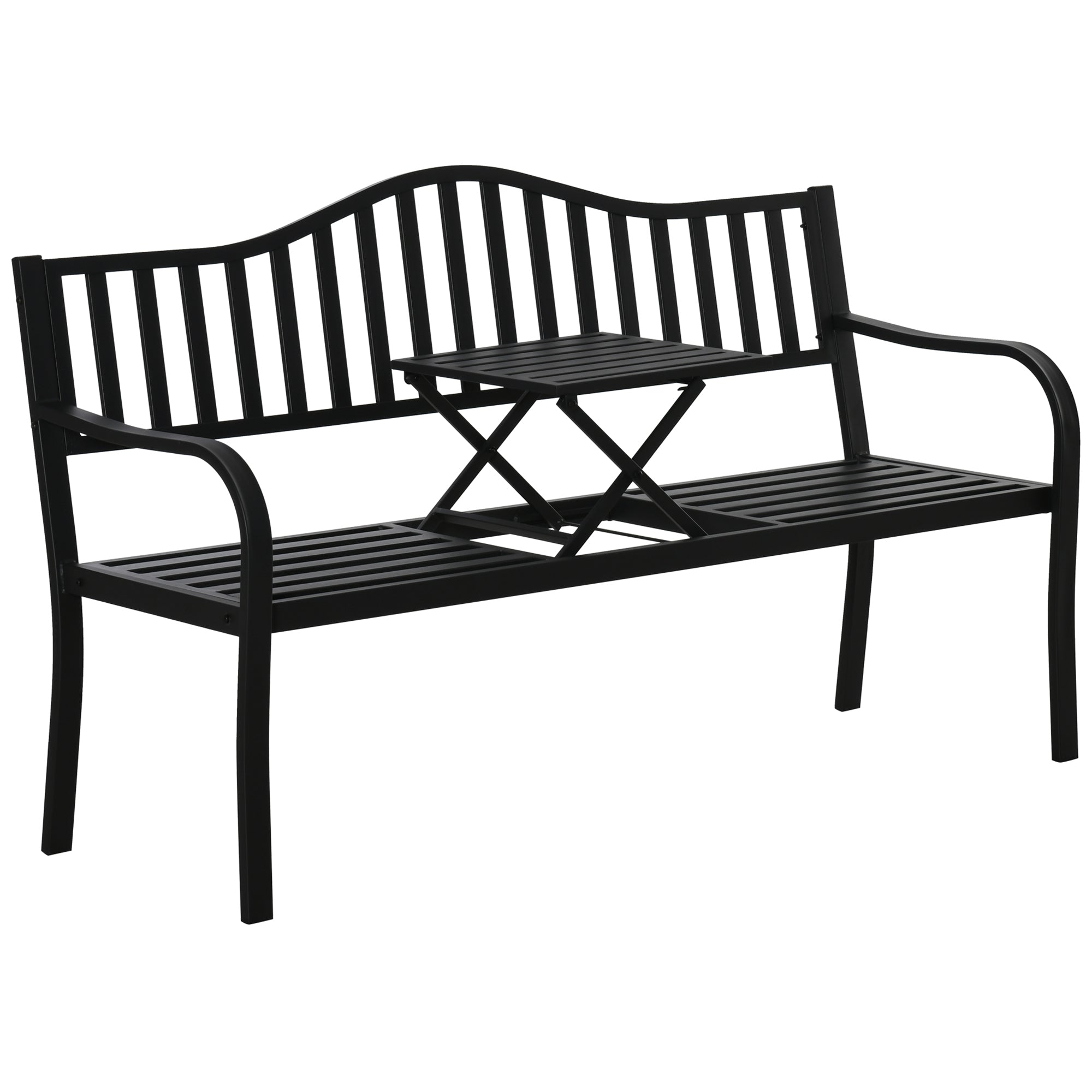 , Băncuță de grădină, Cu masă de cafea integrată, Metal,150 x 58.5 x 90 cm, Negru