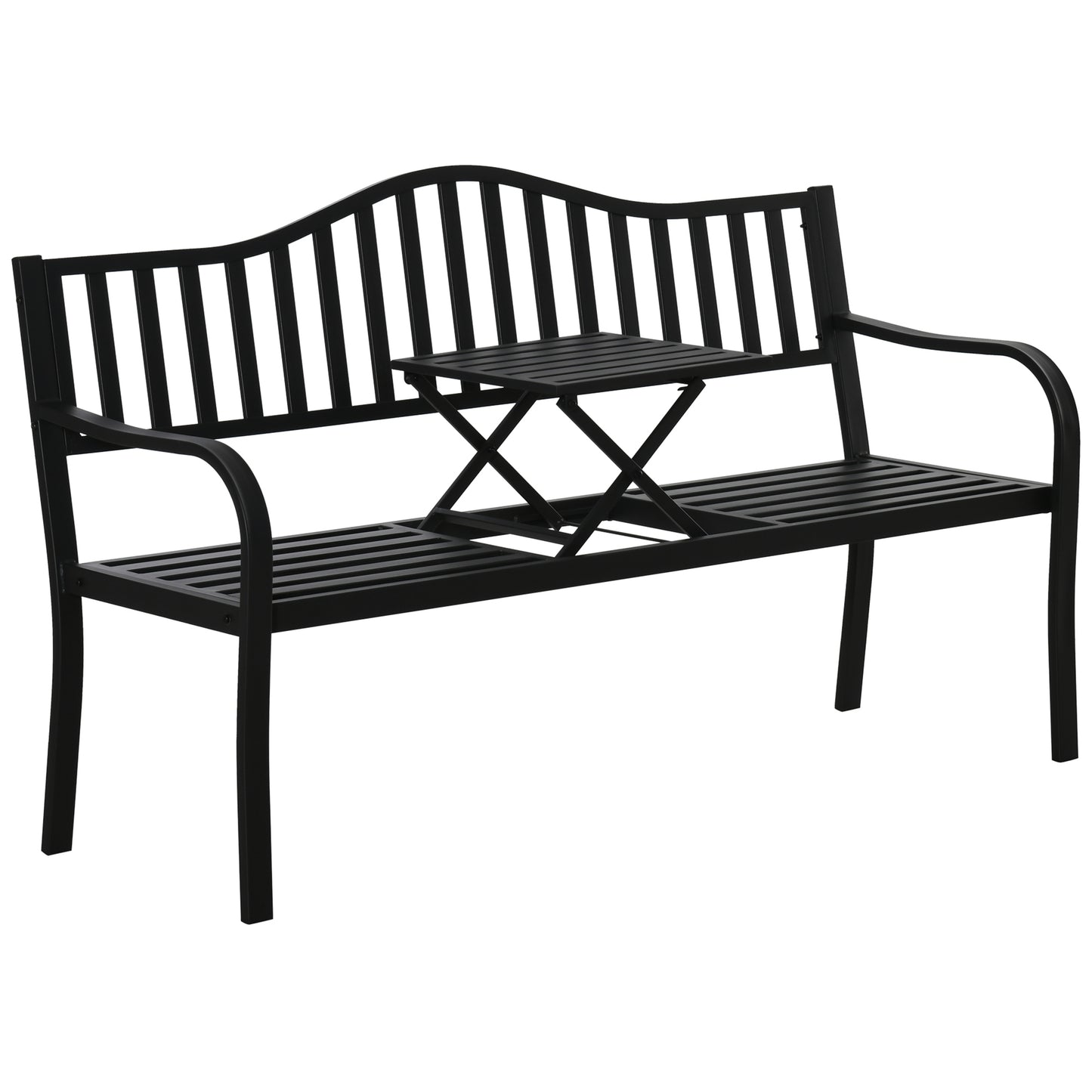 , Băncuță de grădină, Cu masă de cafea integrată, Metal,150 x 58.5 x 90 cm, Negru
