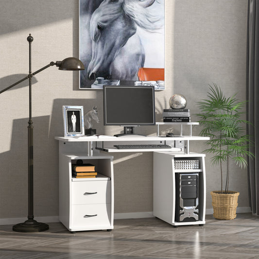 Birou pentru PC cu Poliță pentru Tastatură și Monitor și 2 Sertare, 120x55x85 cm, Alb