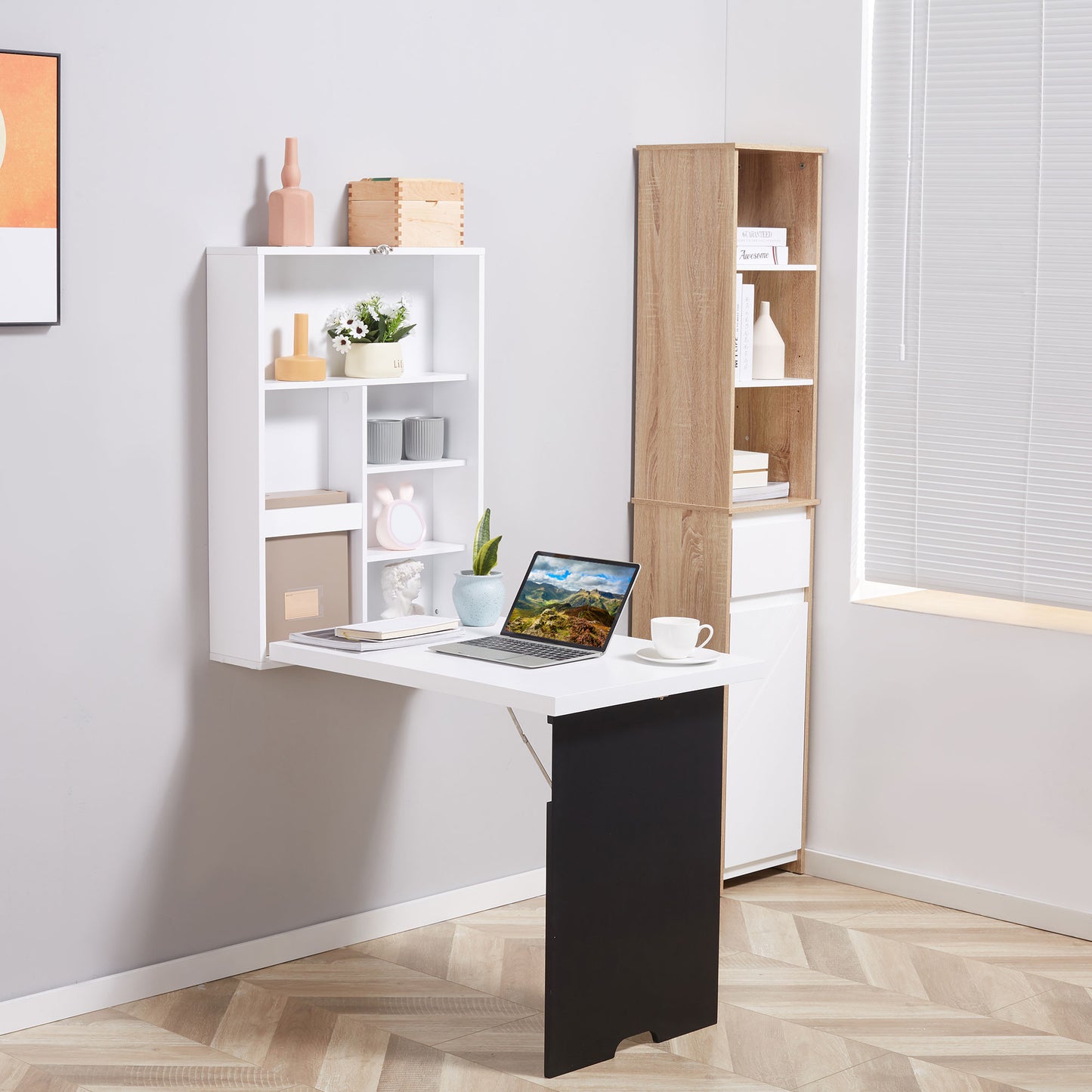 Birou Pliabil de Perete pentru Economie Spațiu, Masă Rabatabilă cu Tablă Albă și Neagră pentru Scris, 60x88.5x146.5cm