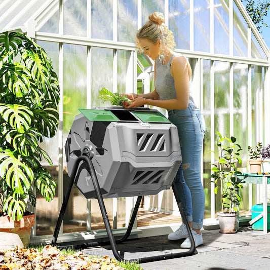 Compostor de grădină rotativ cu 2 compartimente și 8 orificii de aerisire, din oțel și PP, 71x65x96 cm, gri