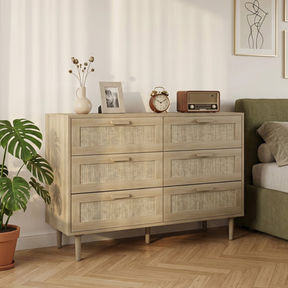 Comodă cu 6 Sertare din Lemn și Ratan Stil Boho pentru Living și Dormitor, 110x40x75 cm