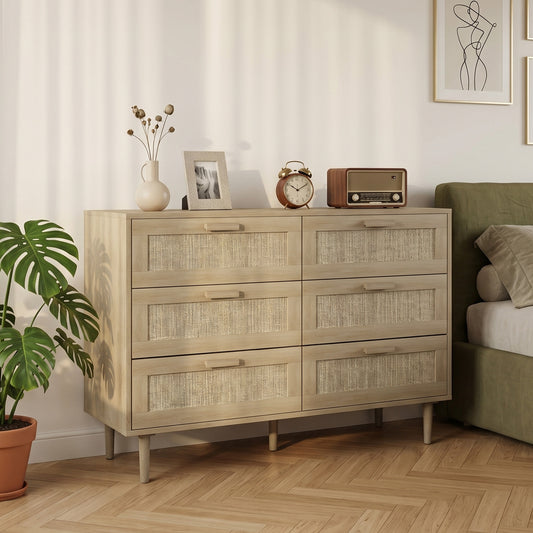 Comodă cu 6 Sertare din Lemn și Ratan Stil Boho pentru Living și Dormitor, 110x40x75 cm