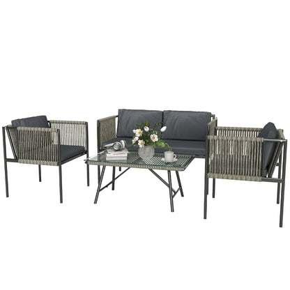 Set Mobilier de Grădină din Ratan cu 2 Fotolii, Canapea cu 2 Locuri și Măsuță de Cafea din Sticlă, Gri