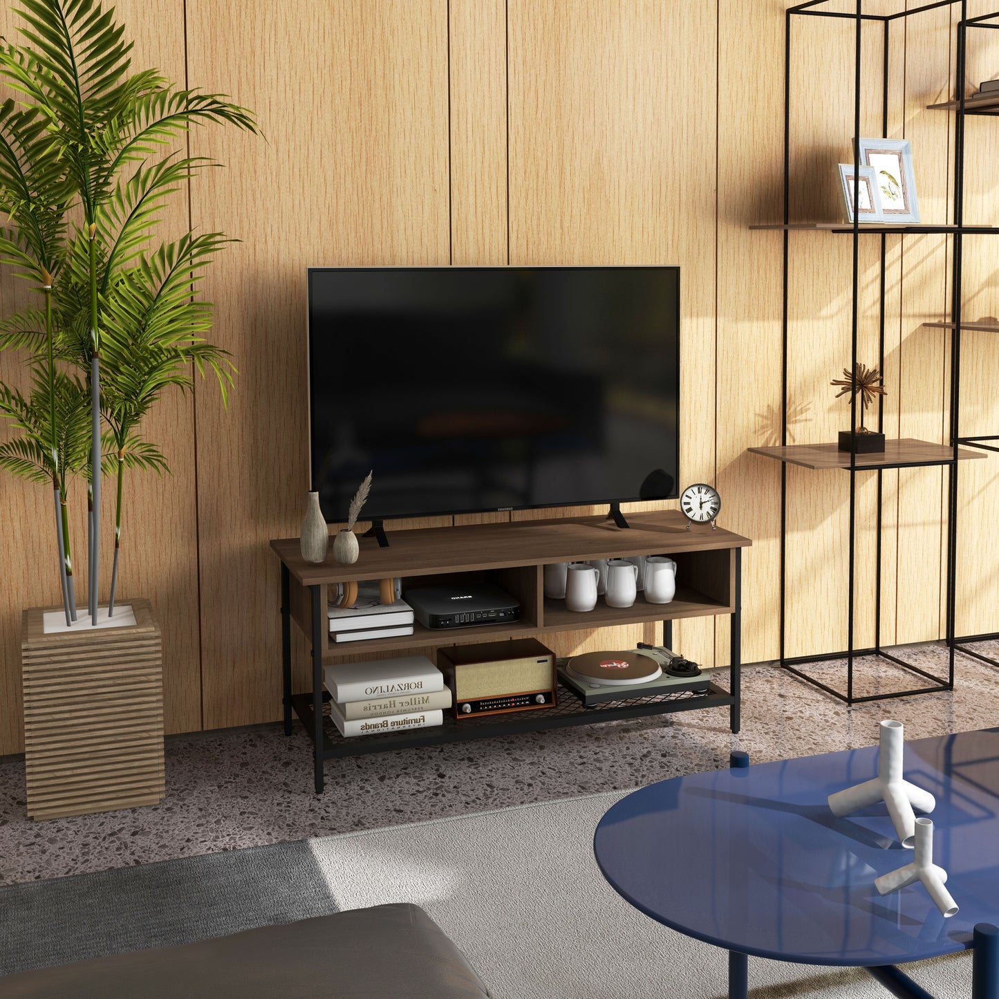 Mobilier TV pentru televizoare de până la 48" în stil industrial din lemn și oțel, 110x40x48cm, maro și negru