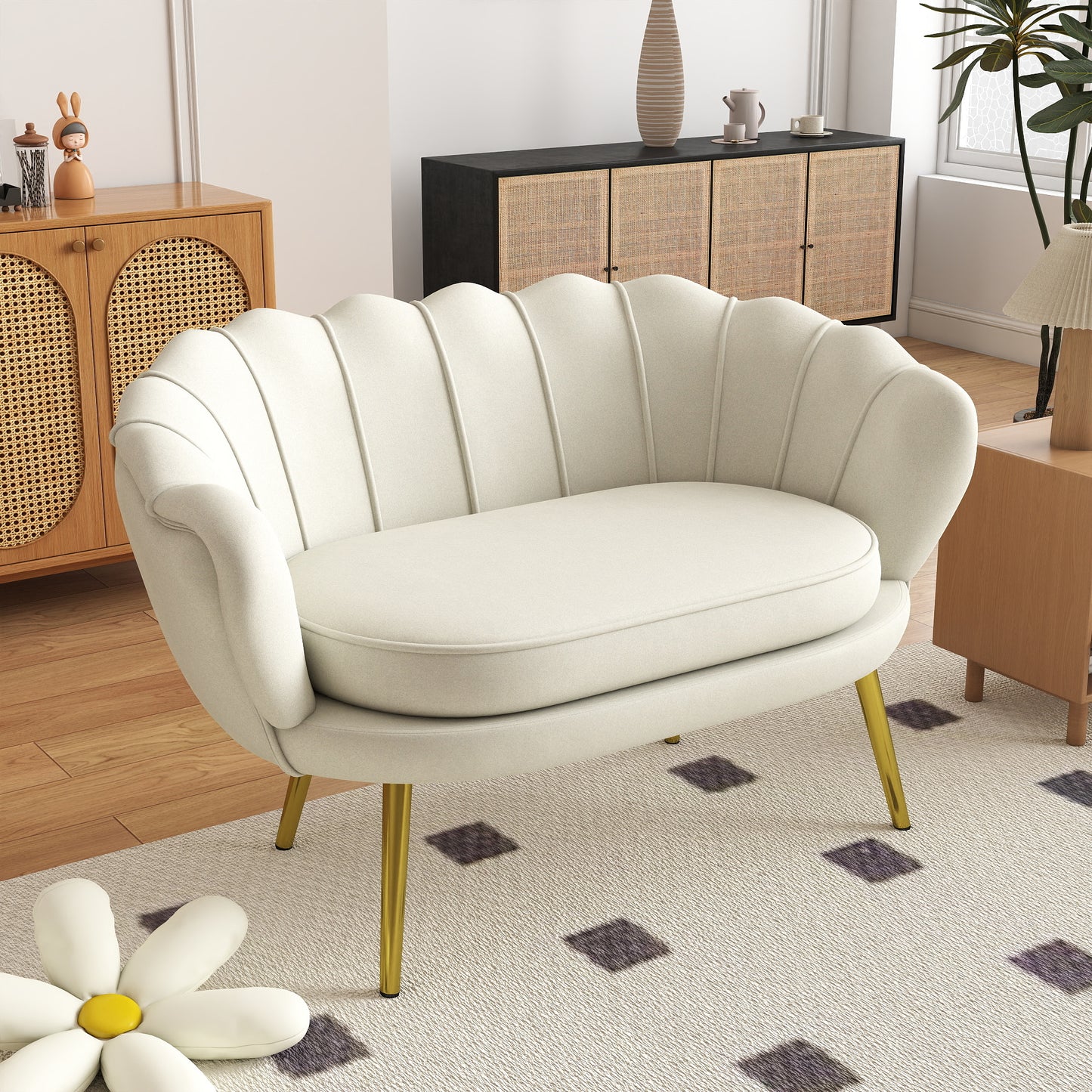 Canapea Vintage 130×77×77 cm – 2 Locuri, Catifea Crem, Stil Chic