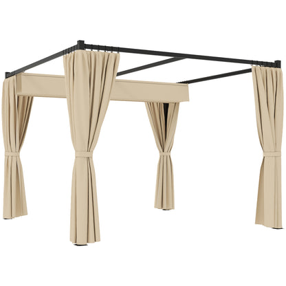 Pergolă de Grădină cu Acoperiș Retractabil și Perdele, din Metal și Poliester, 300x300x227 cm, Bej