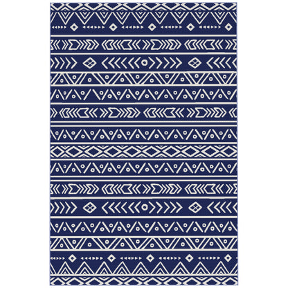Covor de Exterior Reversibil Stil Geometric cu Geantă de Transport, 182x274 cm, Albastru și Alb