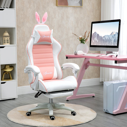Scaun de Gaming Ergonomic cu Urechi de Iepure și Suport pentru Picioare Extensibil, 65x63x136-142 cm, Roz