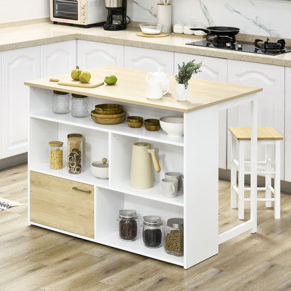 Masa pentru Bar Moderna si Extensibila din MDF pentru 2 Persoane cu 4 Rafturi deschise si Dulapior, 116x79.5x91 cm, Alb si Lemn natur