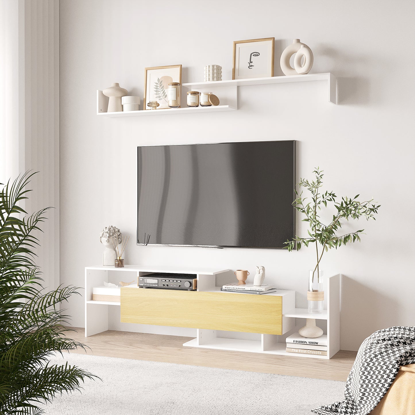 Mobilier TV 153,6×25×42 cm – Alb cu Rafturi si Dulap Perete