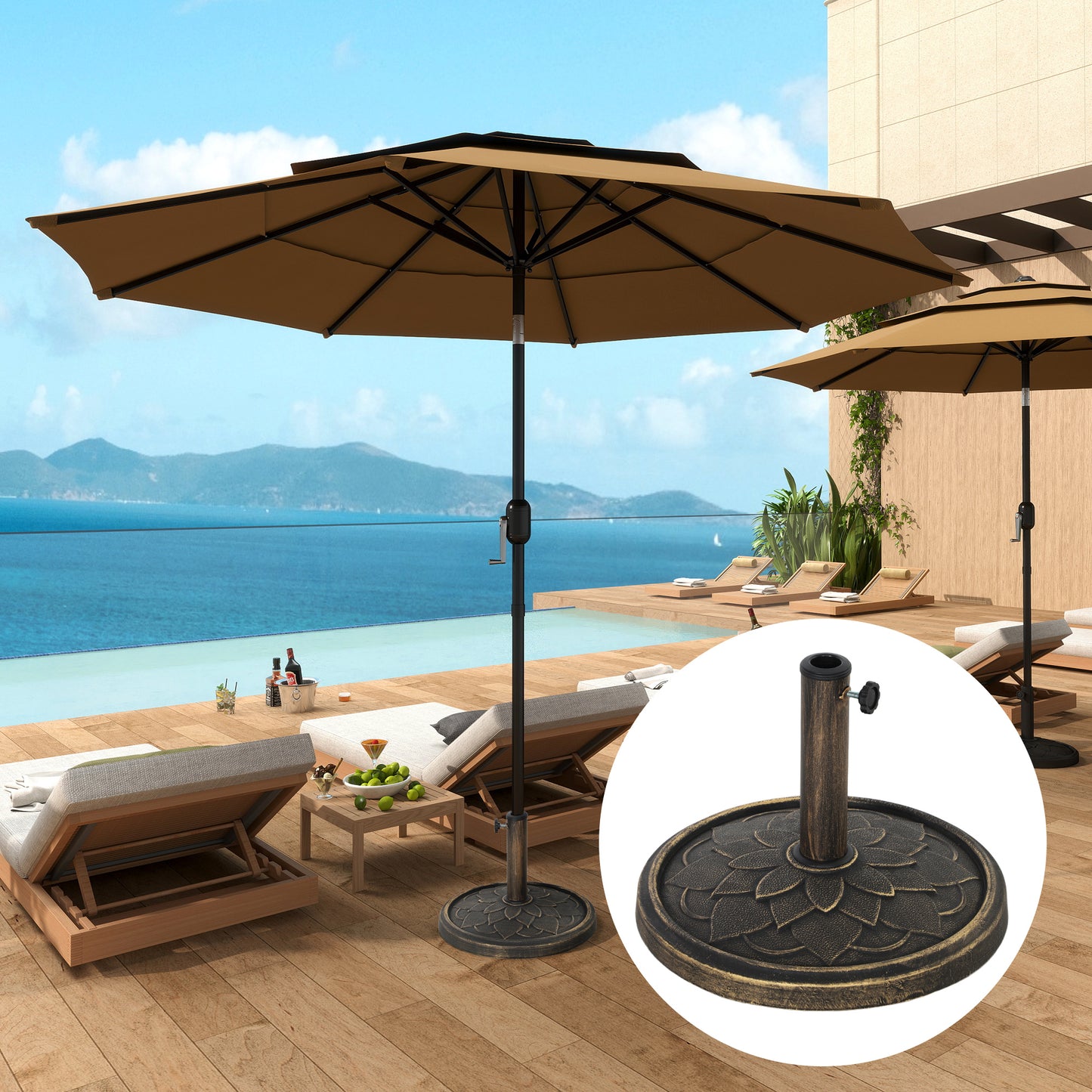 Bază pentru umbrelă de 12 kg cu manivelă integrată, din rășină, metal și ciment, Ø46x34 cm, bronz