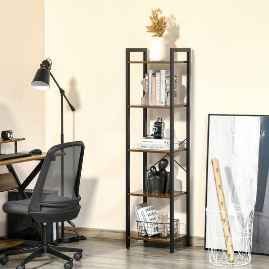 Bibliotecă stil industrial cu 5 rafturi din lemn și oțel, 40x30x154cm - Maro rustic