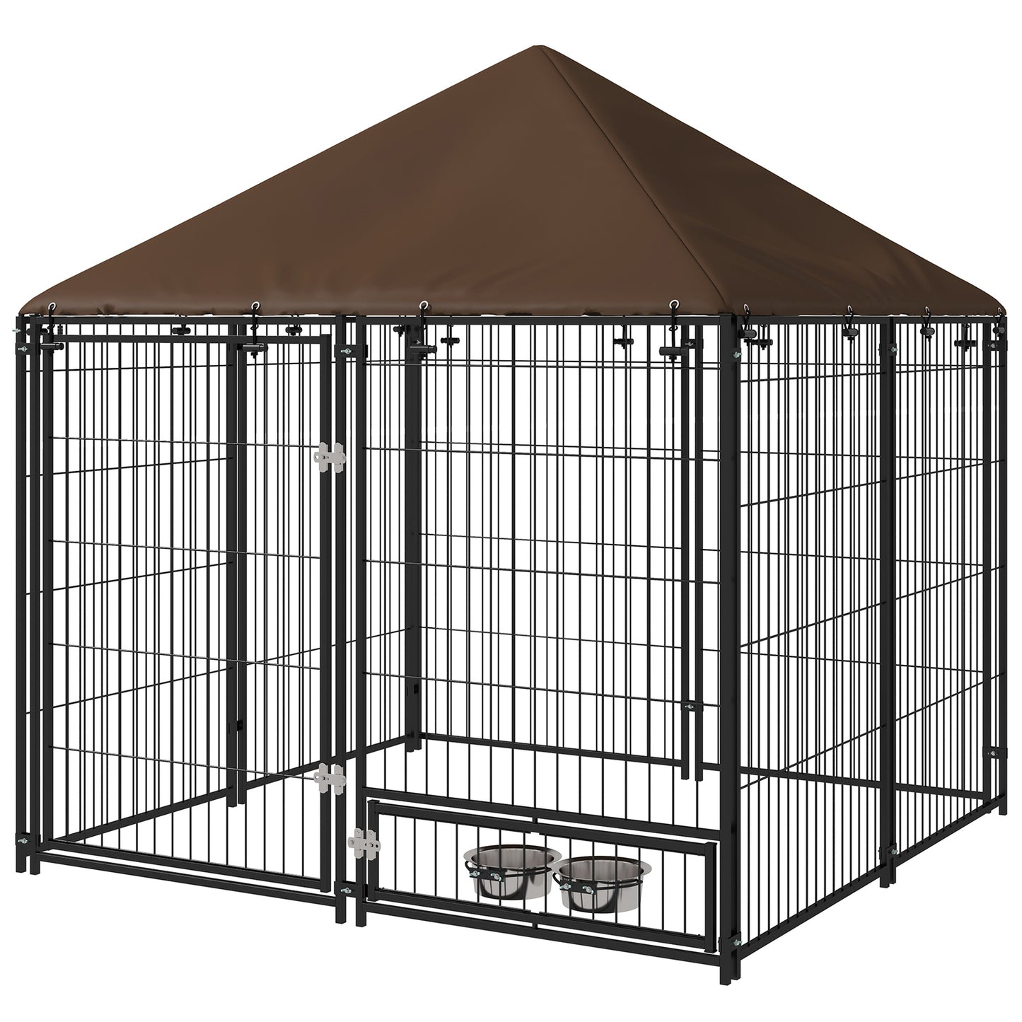 Țarc pentru câini din metal și material Oxford cu ușiță pentru boluri, 141x141x151 cm, negru și maro