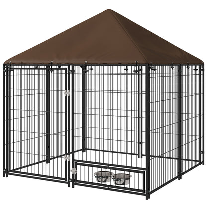 Țarc pentru câini din metal și material Oxford cu ușiță pentru boluri, 141x141x151 cm, negru și maro