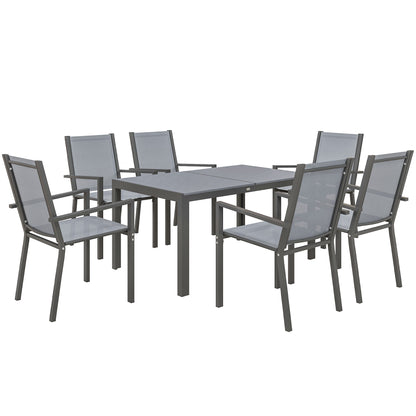 Set de Mobilier de Grădină cu 7 Piese, Masă și 6 Scaune Stivuibile, Mobilier din Oțel Textilen, Gri Deschis