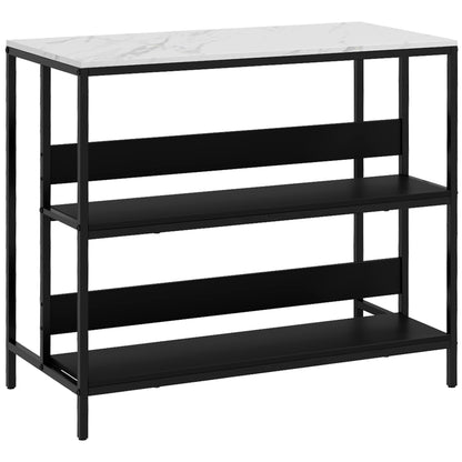 Insulă de Bucătărie cu Rafturi, Blat cu Efect de Marmură și Structură din Metal, 100x50x90cm, Negru și Alb
