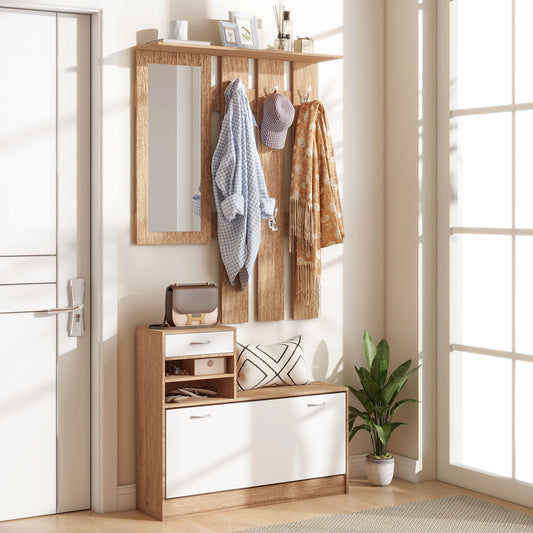Mobilier Cuier 3 în 1 cu Suport pentru Pantofi și Oglindă, Cârlige și Sertare, din Lemn, 90x24x177 cm, Alb și Nuc