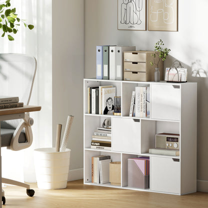 Bibliotecă modulară cu 6 secțiuni deschise și 3 închise, din lemn alb, 106x24x95 cm
