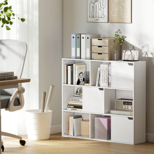Bibliotecă modulară cu 6 secțiuni deschise și 3 închise, din lemn alb, 106x24x95 cm