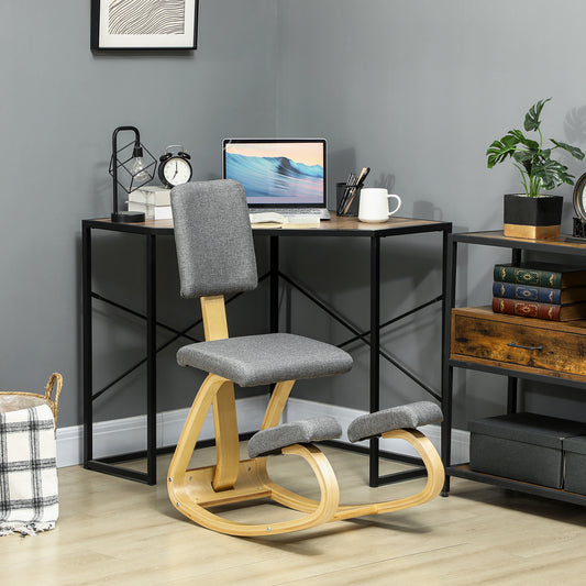 Scaun ergonomic tip genunchier balansant, din material textil cu efect de in și lemn de mesteacăn, 51x84x93 cm, gri
