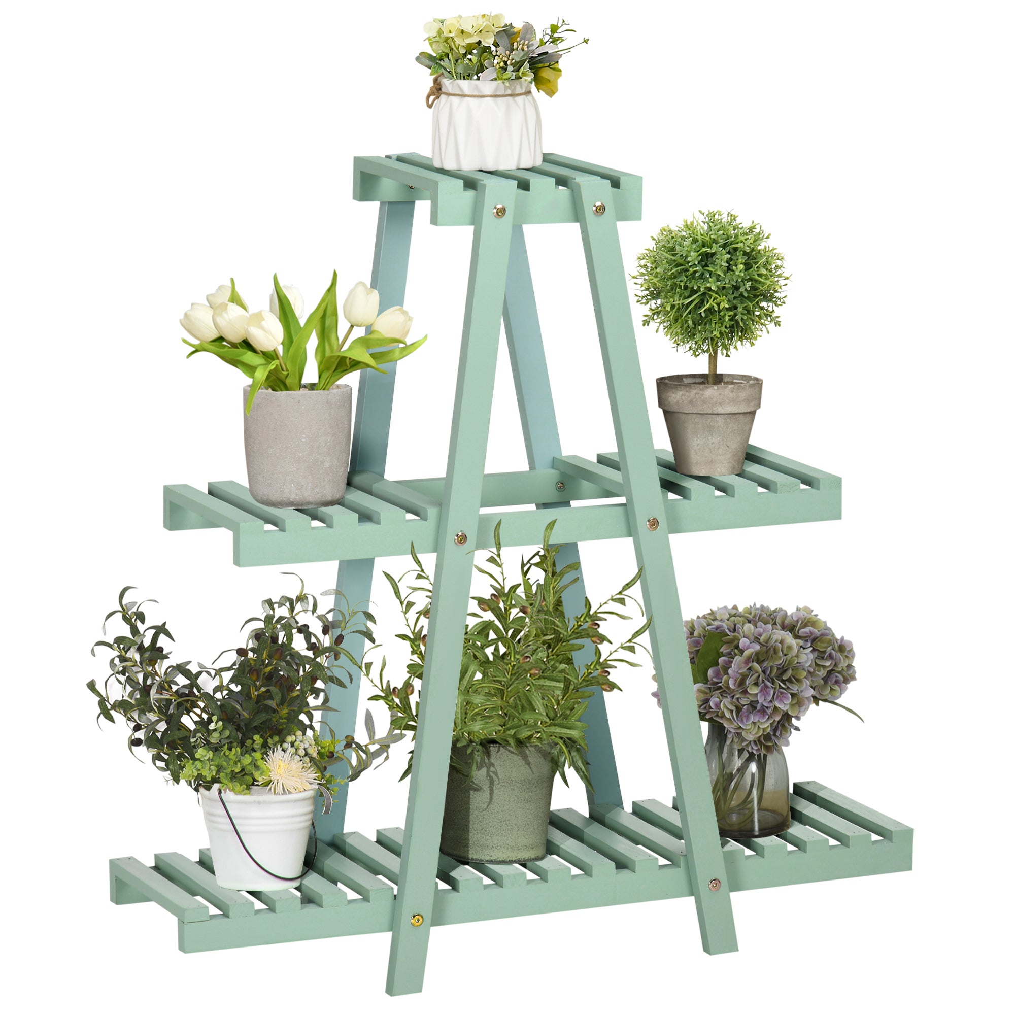 Suport pentru plante din lemn de brad cu 3 niveluri pentru interior si exterior, 76x26x76cm, verde deschis