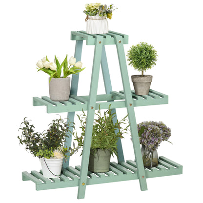 Suport pentru plante din lemn de brad cu 3 niveluri pentru interior si exterior, 76x26x76cm, verde deschis