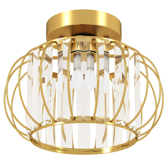 Plafonieră LED Modernă și Minimalistă cu Structură Tip Cușcă și 18 Cristale, din Metal Auriu, Ø27x19 cm