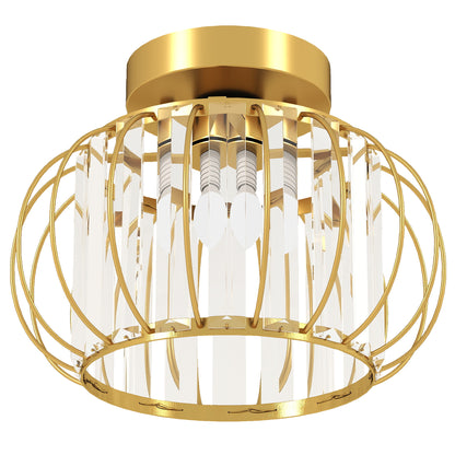 Plafonieră LED Modernă și Minimalistă cu Structură Tip Cușcă și 18 Cristale, din Metal Auriu, Ø27x19 cm