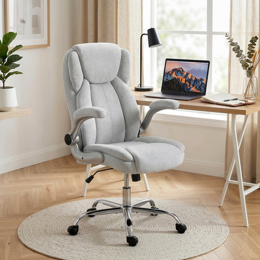 Scaun Ergonomic , Spătar Înalt, Tapițat în Catifea Imprimată, Cotiere Rabatabile, Alb Crem
