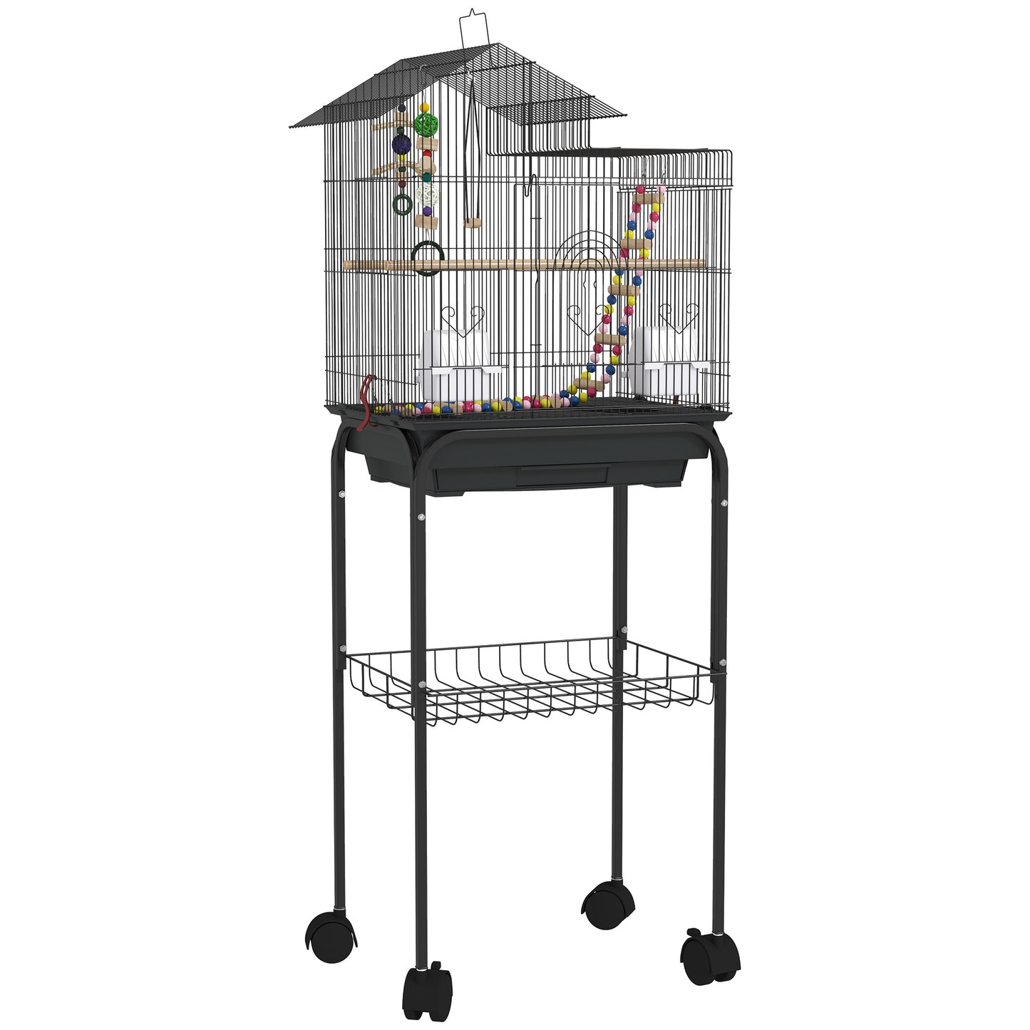 Colivie pentru Păsări cu Suport, Roți Pivotante, Raft și Accesorii, 46x36x120 cm, Negru
