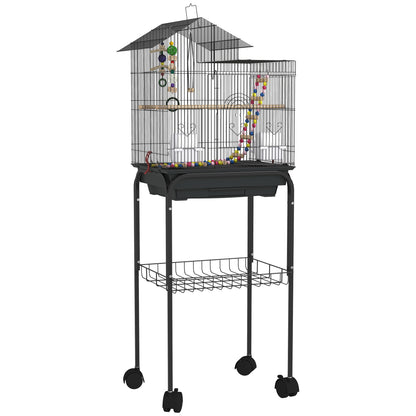Colivie pentru Păsări cu Suport, Roți Pivotante, Raft și Accesorii, 46x36x120 cm, Negru