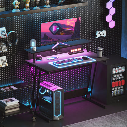 Birou Gaming cu Lumini LED și Suport pentru Monitor, din PAL și Oțel, 100x60x88.5 cm, Negru