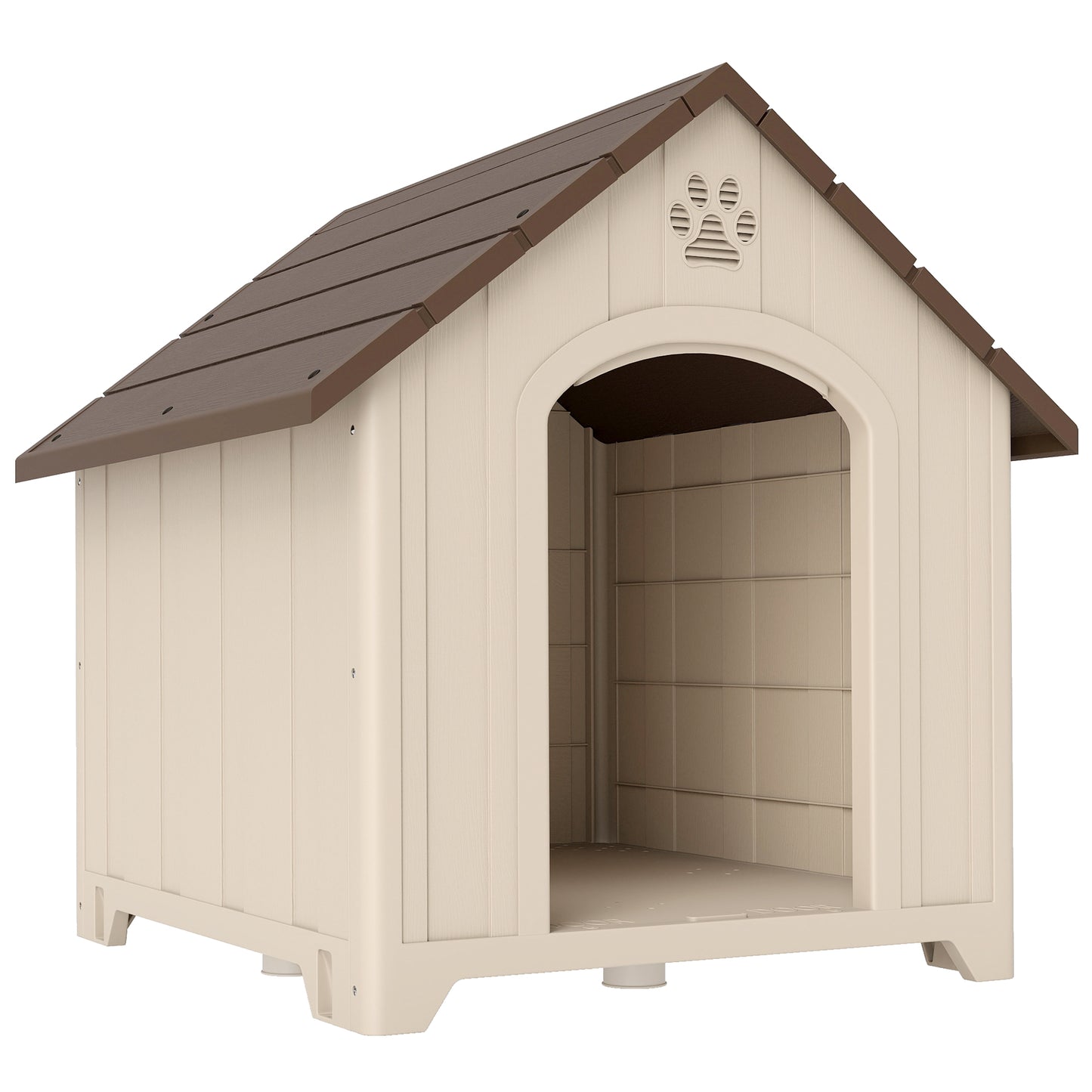 Căsuță pentru câini de exterior, talie mare și XL, căsuță din plastic impermeabil cu bază ridicată, ferestre și acoperiș înclinat pentru grădină, curte, terasă, casă, 102x94x103 cm, Bej