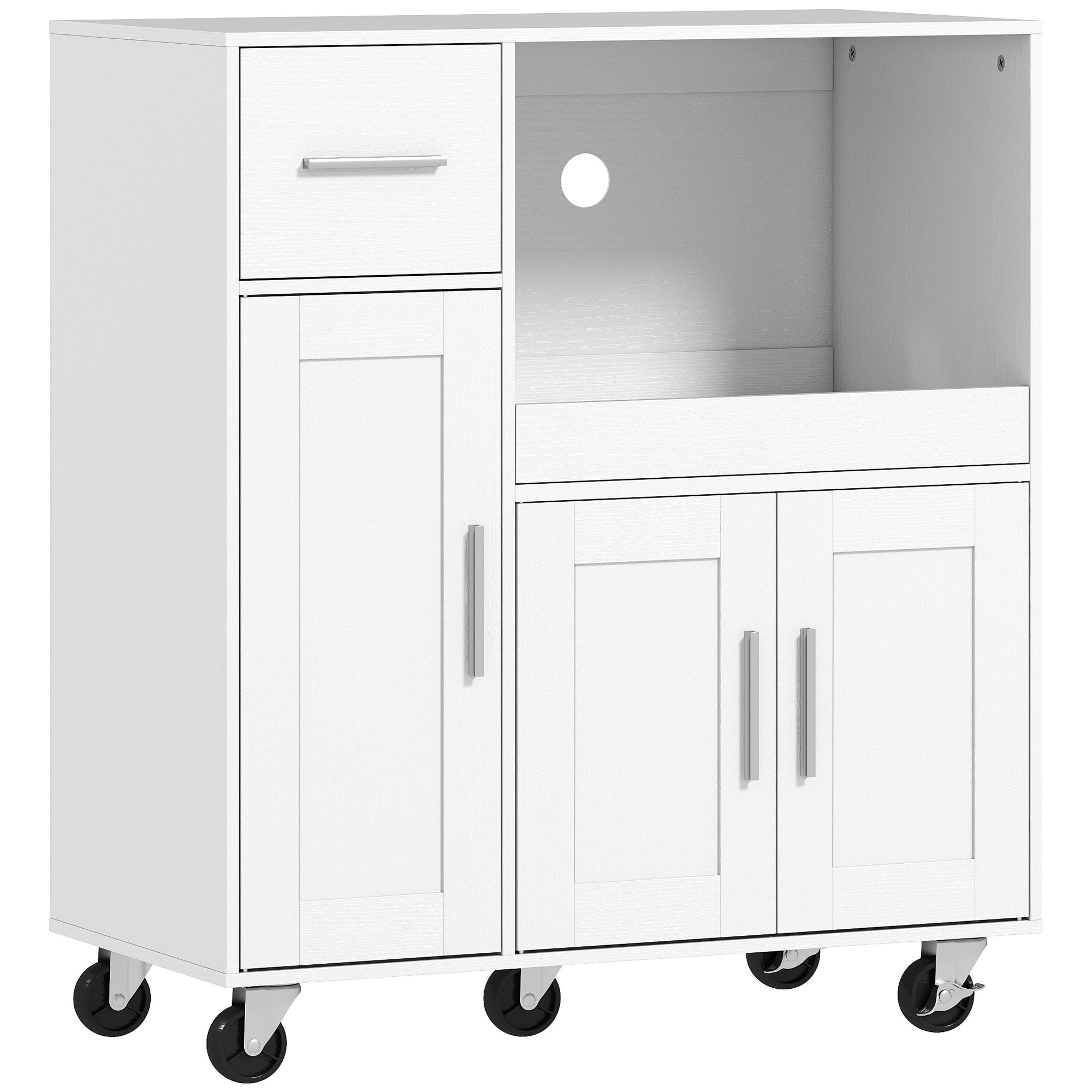 Dulap pentru Cuptorul cu Microunde din Lemn cu Sertar, 2 Dulapuri, Raft Deschis și Raft Reglabil, 80x40x88.7 cm, Alb