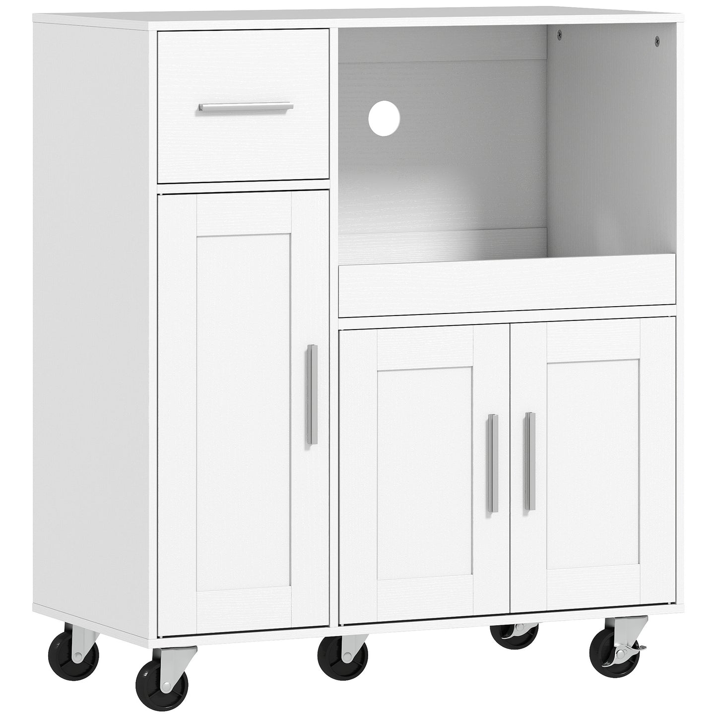 Dulap pentru Cuptorul cu Microunde din Lemn cu Sertar, 2 Dulapuri, Raft Deschis și Raft Reglabil, 80x40x88.7 cm, Alb