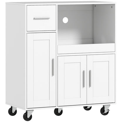 Dulap pentru Cuptorul cu Microunde din Lemn cu Sertar, 2 Dulapuri, Raft Deschis și Raft Reglabil, 80x40x88.7 cm, Alb