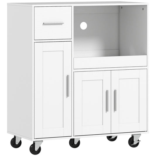 Dulap pentru Cuptorul cu Microunde din Lemn cu Sertar, 2 Dulapuri, Raft Deschis și Raft Reglabil, 80x40x88.7 cm, Alb
