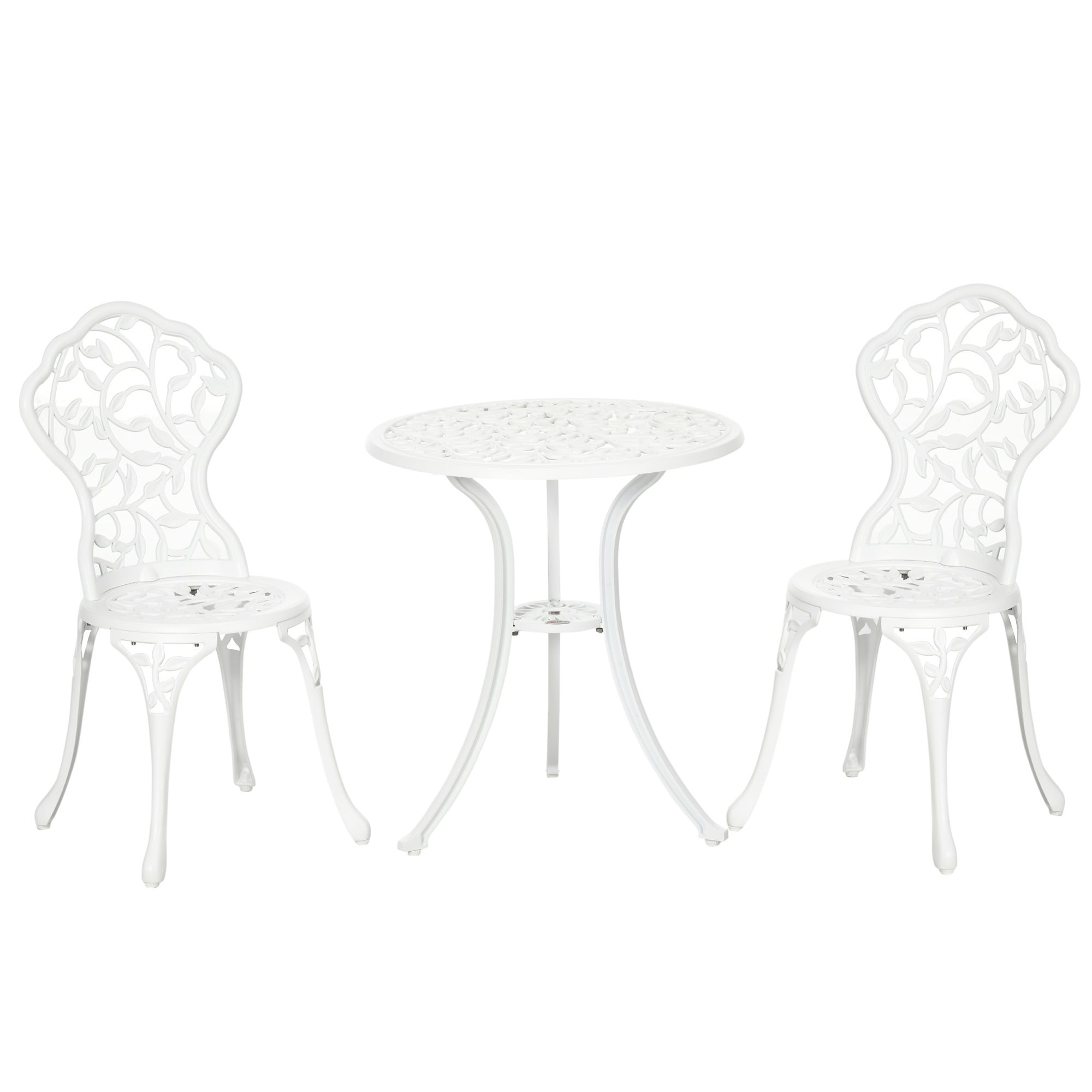 Set pentru gradina 3 bucati din aluminiu alb cu design floral, 2 scaune pentru exterior 45x42x85.5 cm si masa rotunda Ø61x66.5 cm