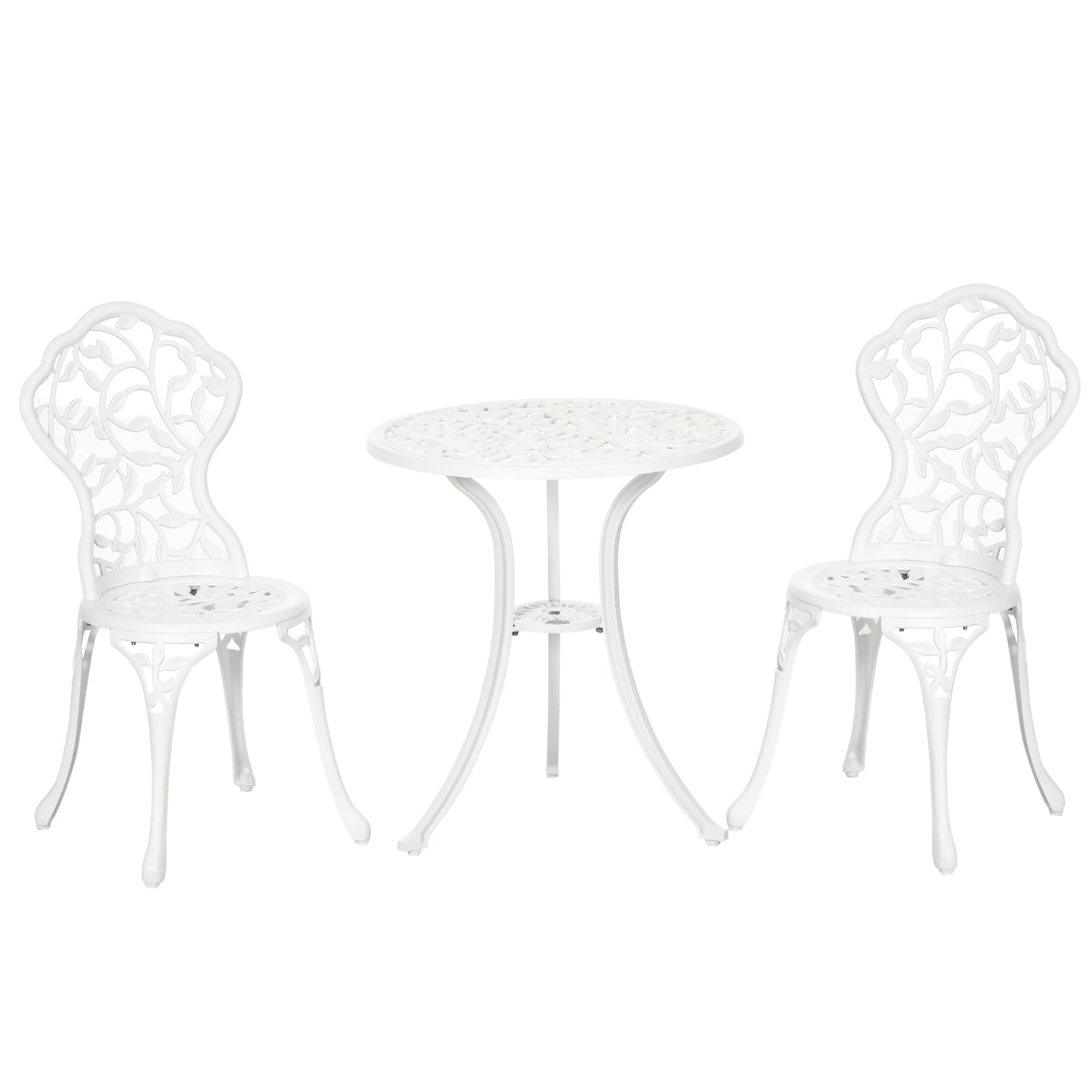 Set pentru gradina 3 bucati din aluminiu alb cu design floral, 2 scaune pentru exterior 45x42x85.5 cm si masa rotunda Ø61x66.5 cm