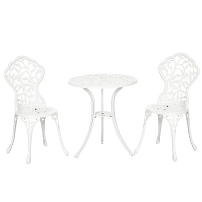 Set pentru gradina 3 bucati din aluminiu alb cu design floral, 2 scaune pentru exterior 45x42x85.5 cm si masa rotunda Ø61x66.5 cm