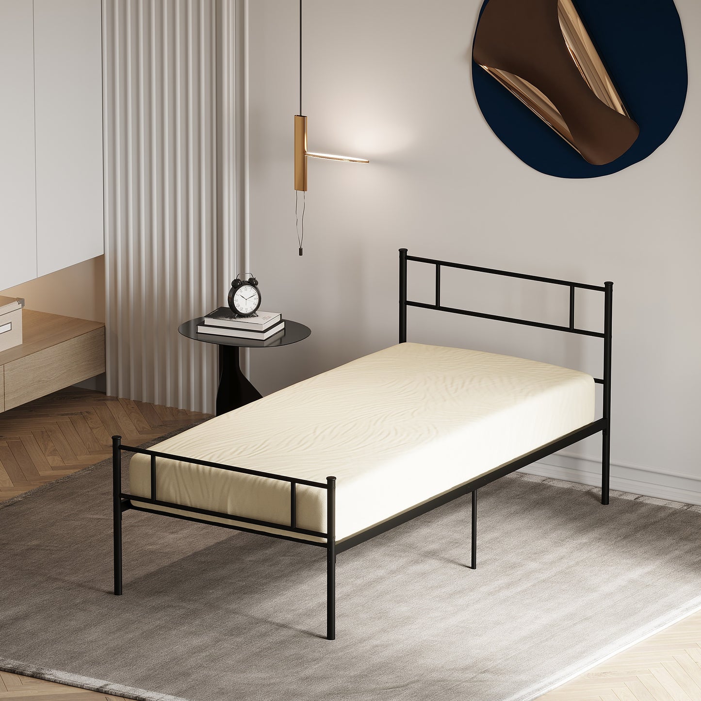 Cadru de Pat de o Persoana  90x200cm din Otel cu Sipci, Tablie cap si Tablie picioare, Negru