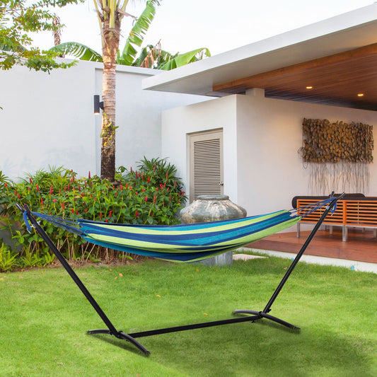 Hamac de Grădină Suspendat 310x117 cm cu Înălțime Reglabilă și Suport, Capacitate 120 kg, Hamac Autoportant cu Geantă de Transport, pentru Camping, Grădină, Balcon, Patio, Verde și Albastru
