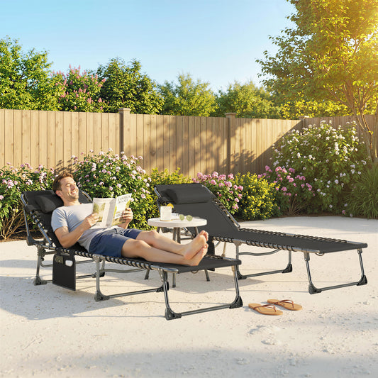 Set de 2 Șezlonguri de Grădină Pliabile, Reglabile pe 5 Niveluri, cu Perne, Șezlonguri Textilenă cu Buzunar Lateral, Mâner, pentru Plajă, Piscină, 57x200x38 cm, Negru