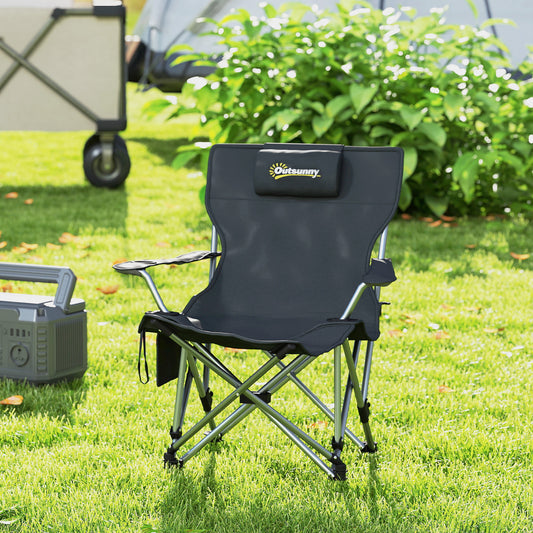 Scaun de Camping Pliabil și Reclinabil  cu Suport pentru Picioare Detașabil, Tetieră și Suport pentru Pahare, Negru